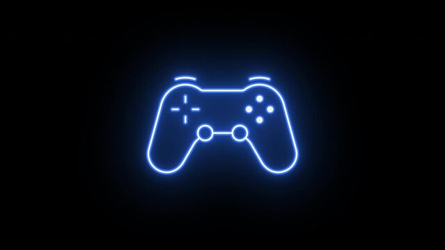 Neon joystick sign animation, flickering emergence with fading. Glowing neon gamepad icon, looped animation. Game station controller, play console, joypad for videogames. Violet, blue, azure colors