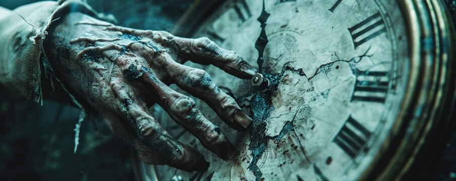 Close-up of a zombie's hand adjusting a broken clock face, with time standing still