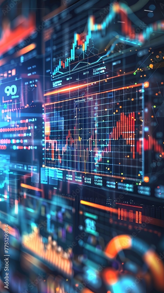 Poster cybernetic data monitoring screens with pulsating analytics, focus on investment growth trends