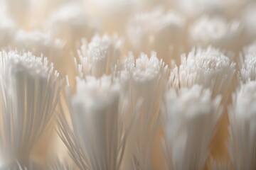 Close-up of white toothbrush bristles, focusing on texture details, soft lighting, clear and detailed view of individual bristles