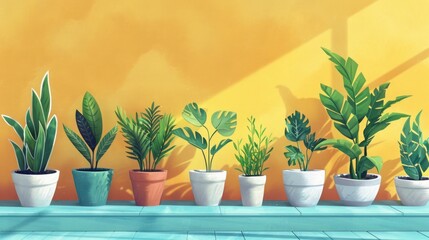Fototapeta premium An elegant and stylized illustration of assorted indoor plants in colorful pots, neatly lined up against a soft peach background, conveying serenity and order.