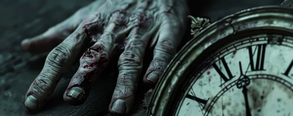 Foto op Canvas Close-up of a zombie's hand adjusting a broken clock face, with time standing still © Shutter2U