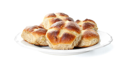 Tasty hot cross buns isolated on white