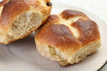 Hot cross buns on table, closeup. Easter celebration