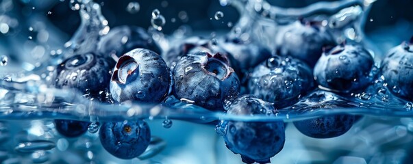 Cut blueberries in a dynamic splash, surreal wide-angle view, liquid explosion, focused on the fruit's delicate details, blue setting - obrazy, fototapety, plakaty