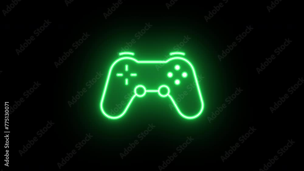 Wall mural neon joystick sign animation, flickering emergence with fading. glowing neon gamepad icon, looped an