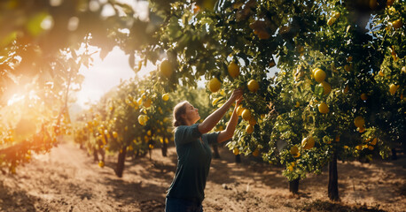 adult female gardener harvesting lemons from trees - Powered by Adobe