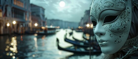 Enigmatic white mask overlooking a moonlit Venetian canal, gondolas in soft focus - obrazy, fototapety, plakaty