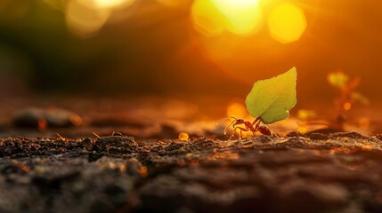 ant carrying a leaf to its nest on a sunset