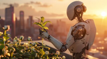 Futuristic android tending a garden on a rooftop with a city skyline during sunset, bioengineering plants
