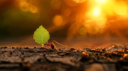 ant carrying a leaf to its nest on a beautiful sunset - obrazy, fototapety, plakaty