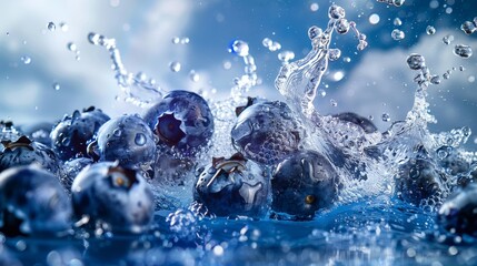 Super wide-angle shot of cut blueberries with a waterfall splash effect, surreal blue backdrop, focused on detailed fruit, high resolution - obrazy, fototapety, plakaty