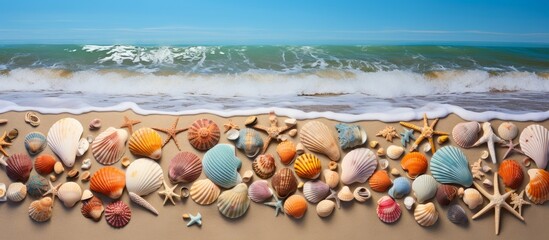 Shells and starfish scattered on the sandy beach with gentle waves washing ashore, creating a serene coastal scene under the bright sun