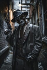 Zombie gangster in a 1920s suit, holding a Tommy gun, standing in a dimly lit alleyway, exuding menace and decay - obrazy, fototapety, plakaty