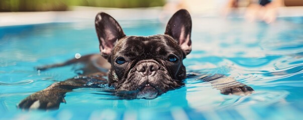 French bulldog coming from the swimming pool on a sunny summer day