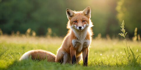 A Fox on a green meadow in the late summer sun. - 775131472