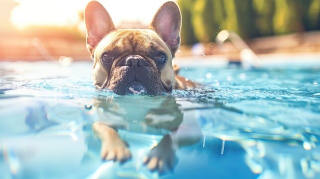 French bulldog coming from the swimming pool on a sunny summer day