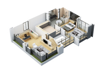 Floor plan top view. House interior isolated on white background. 3D render