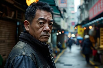 Portrait of an elderly Asian man in the street at night.