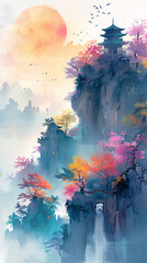 Chinese ink painting style Watercolor style landscape illustration
