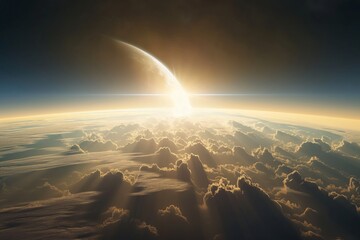 Majestic view of sunrise over cloud-covered planet as seen from space, casting golden light rays.
