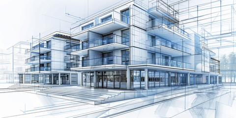 Creating a blueprint for a smart building's design,  communication design for an apartment complex. Architectural drawing detailing the facade of the building. Blueprint style illustration.