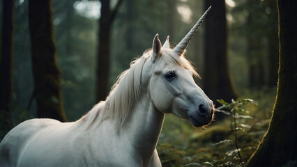 Realistic portrait of a unicorn in a forest, white horse
