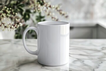 white 11oz ceramic mug on kitchen table with decorations, soft light, stockphoto image 