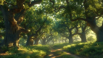 A grove of ancient oak trees providing shade and shelter for weary travelers along the trail - obrazy, fototapety, plakaty