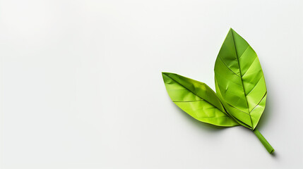 Green leaf made of paper origami on a white background