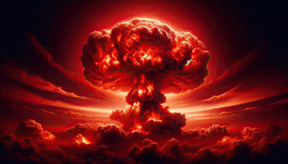 Gros Plan sur une Explosion Nucléaire, horizon rouge - obrazy, fototapety, plakaty