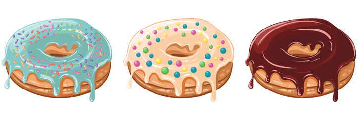 Delicious fresh donut with glossy white glaze and decorated with colorful sprinkles. Vector isolated image. Delicious sweet pastries. Donut advertisement