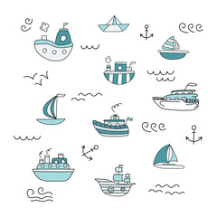 Fototapeta na wymiar Set of Ships in doodle style. Vector illustration.