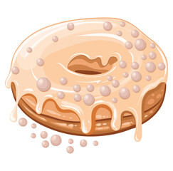 Delicious fresh donut with glossy white glaze and pearl decoration. Vector isolated image. Wedding sweet pastries. Donut advertisement