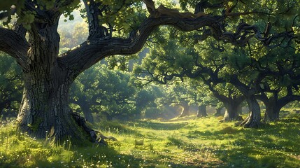 A grove of ancient oak trees providing shade and shelter for weary travelers along the trail - obrazy, fototapety, plakaty