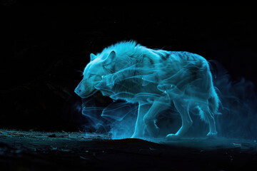 Mystical image of a wolf composed of blue smoke, fading into the dark background, suggesting transcendence - obrazy, fototapety, plakaty