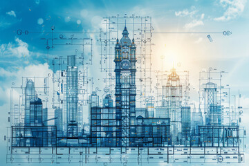 City under construction, contemporary blueprint style illustration.