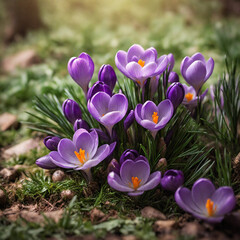 Natural Spring Crocus Flower With Dreamy Green Foliage Background