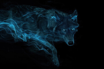 This powerful image portrays a captivating wolf formed by electric blue smoke, symbolizing strength, mystery, and the spirit of nature