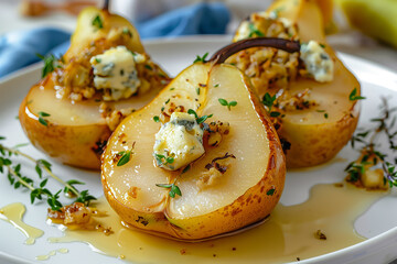Appetizer bruschetta with pear, honey, walnut and blue cheese on white plate - Powered by Adobe