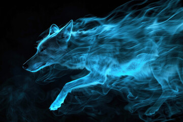 Captivating artwork of a wolf running enveloped in a twisting smoke trail, creating a sense of motion and fluidity