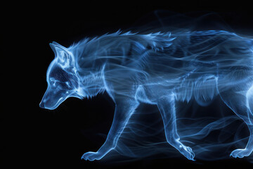 Obraz na płótnie Canvas An arctic wolf sniffing the air is depicted in a dynamic swirl of blue smoke against a deep black background