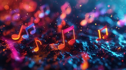 An abstract representation of music notes and symbols in vibrant colors, 3D Cinematic Rendering - obrazy, fototapety, plakaty