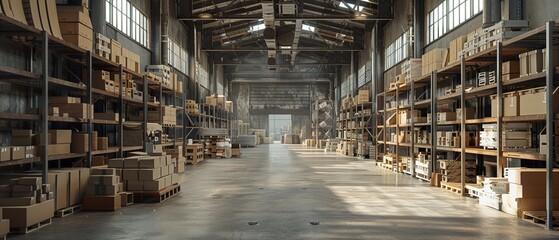 An industrial warehouse setting with shelves, boxes, and concrete floors, 3D VFX