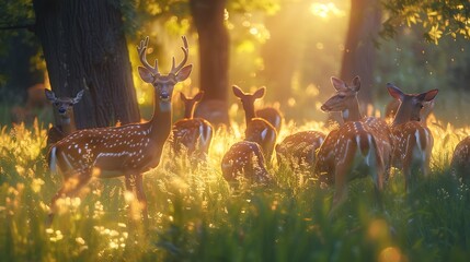A herd of deer grazing peacefully in a sun-dappled meadow - obrazy, fototapety, plakaty