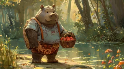 Fototapeten A cartoon bear with a basket of fruit on his back, AI © starush