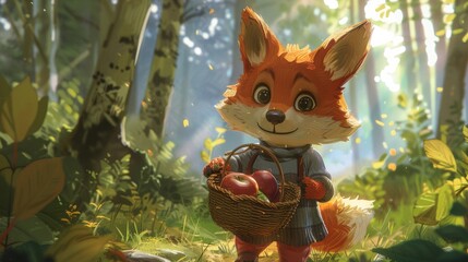 A cartoon fox holding a basket of apples in the woods, AI