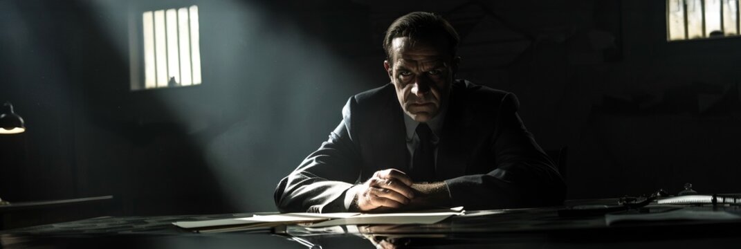 The silent authority of a mafia boss at a dimly lit table, eyes piercing through the shadows, calculating and cold