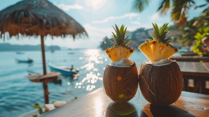 Obraz premium Two coconut drinks with pineapples on top of them sitting next to a boat, AI