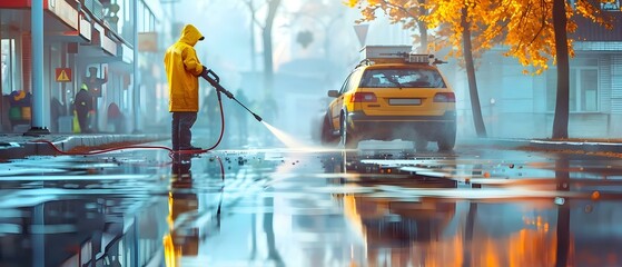 Workers utilizing pressure washer equipment for thorough driveway cleaning. Concept Pressure Washing, Driveway Cleaning, Outdoor Maintenance, Power Washing, Equipment Operation